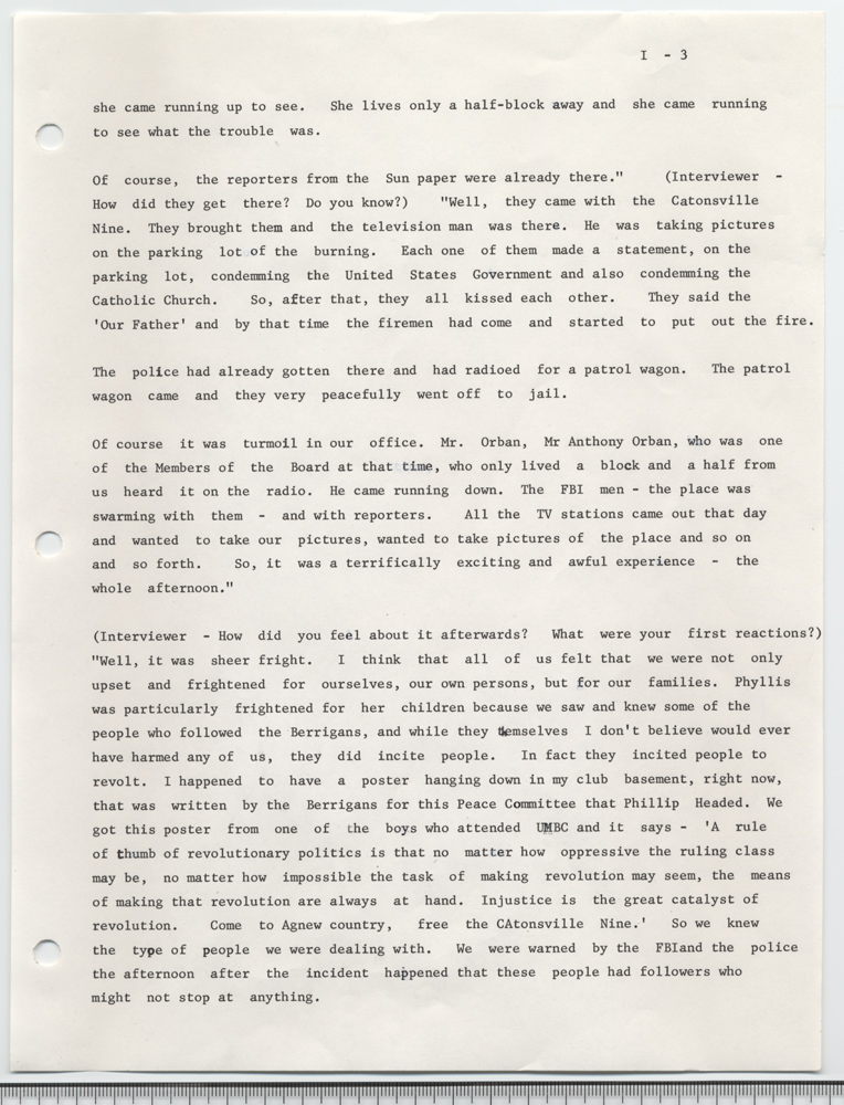 Burning of draft board records by Philip and Daniel Berrigan and others, May 17, 1968: an interview with Mary E. Murphy given on November 2, 1972