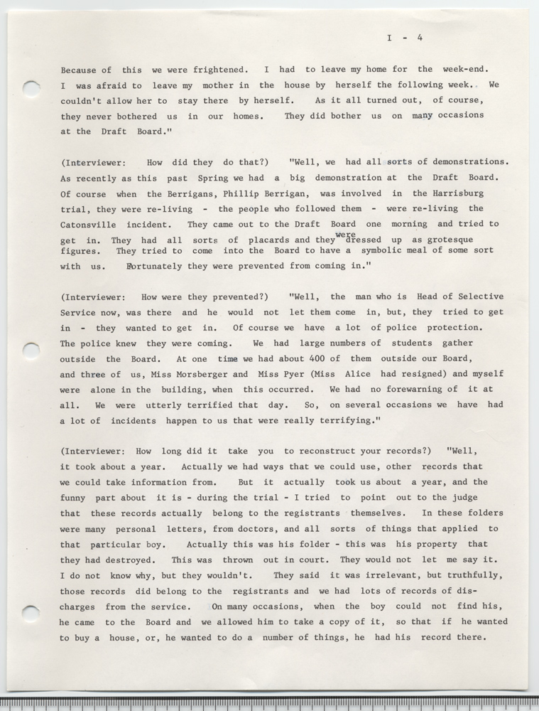 Burning of draft board records by Philip and Daniel Berrigan and others, May 17, 1968: an interview with Mary E. Murphy given on November 2, 1972