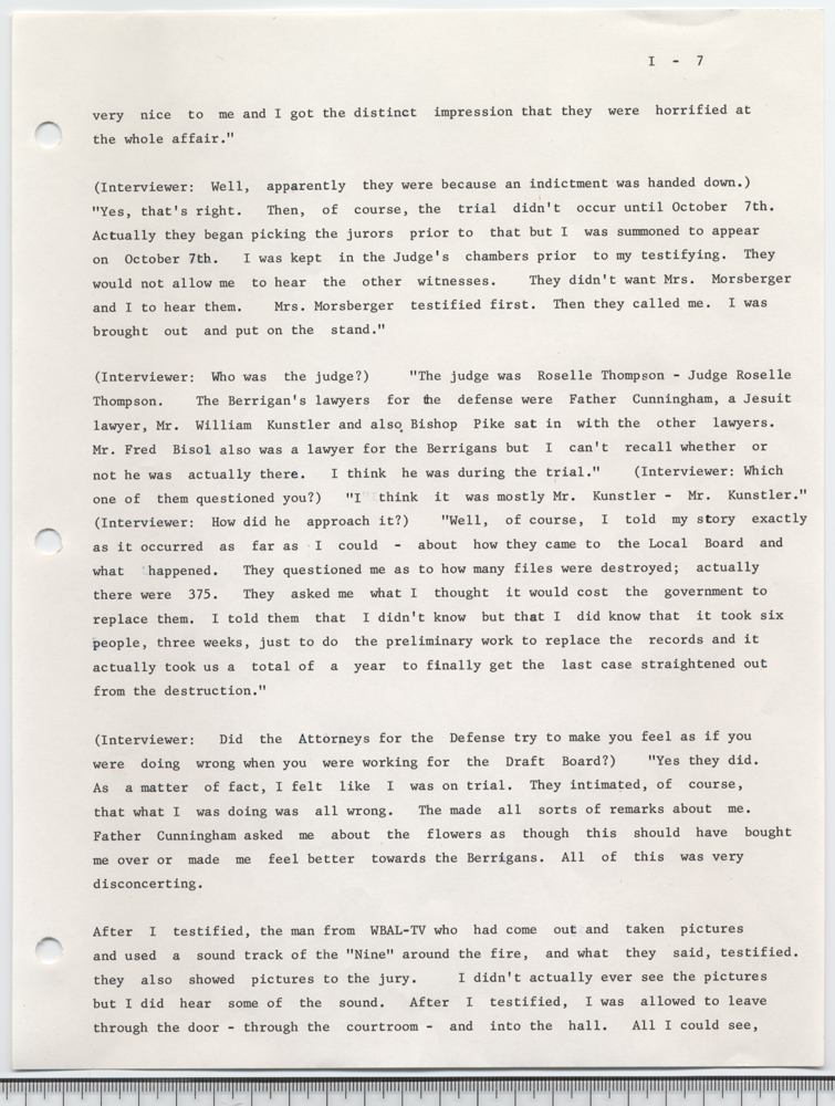 Burning of draft board records by Philip and Daniel Berrigan and others, May 17, 1968: an interview with Mary E. Murphy given on November 2, 1972