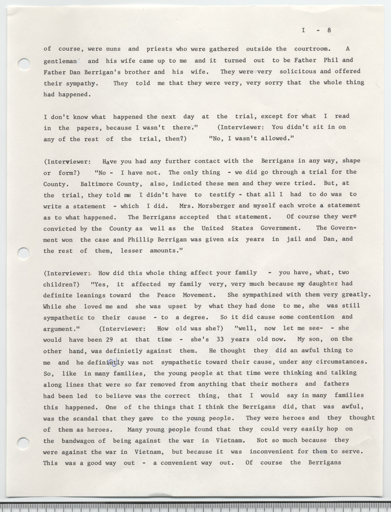 Burning of draft board records by Philip and Daniel Berrigan and others, May 17, 1968: an interview with Mary E. Murphy given on November 2, 1972