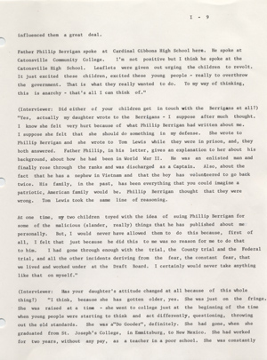 Burning of draft board records by Philip and Daniel Berrigan and others, May 17, 1968: an interview with Mary E. Murphy given on November 2, 1972