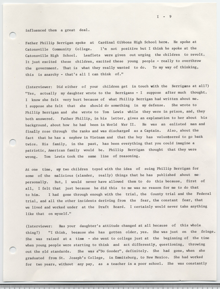 Burning of draft board records by Philip and Daniel Berrigan and others, May 17, 1968: an interview with Mary E. Murphy given on November 2, 1972