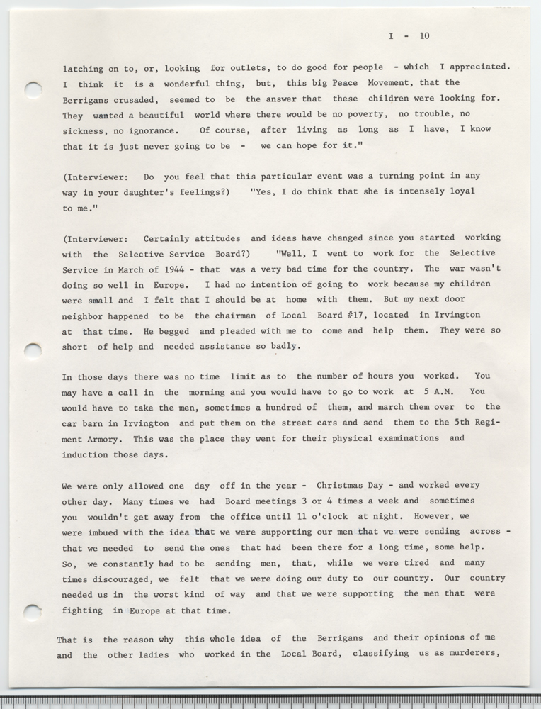 Burning of draft board records by Philip and Daniel Berrigan and others, May 17, 1968: an interview with Mary E. Murphy given on November 2, 1972