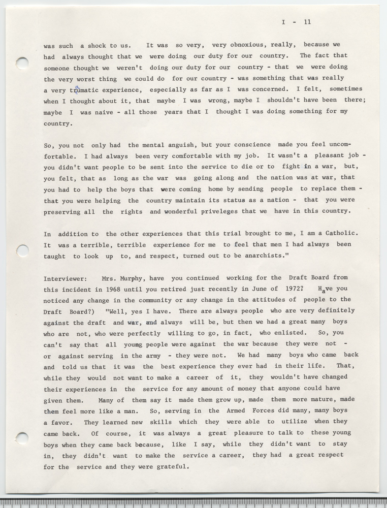 Burning of draft board records by Philip and Daniel Berrigan and others, May 17, 1968: an interview with Mary E. Murphy given on November 2, 1972