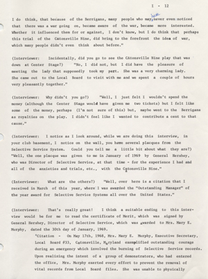 Burning of draft board records by Philip and Daniel Berrigan and others, May 17, 1968: an interview with Mary E. Murphy given on November 2, 1972