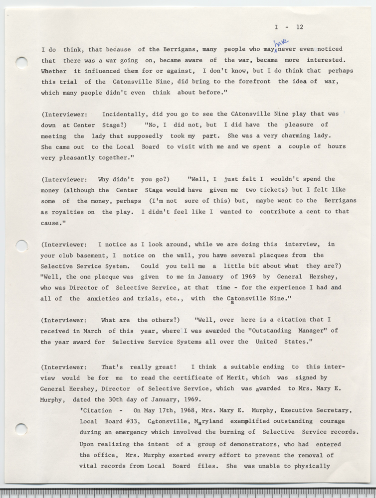 Burning of draft board records by Philip and Daniel Berrigan and others, May 17, 1968: an interview with Mary E. Murphy given on November 2, 1972