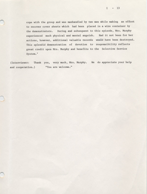 Burning of draft board records by Philip and Daniel Berrigan and others, May 17, 1968: an interview with Mary E. Murphy given on November 2, 1972