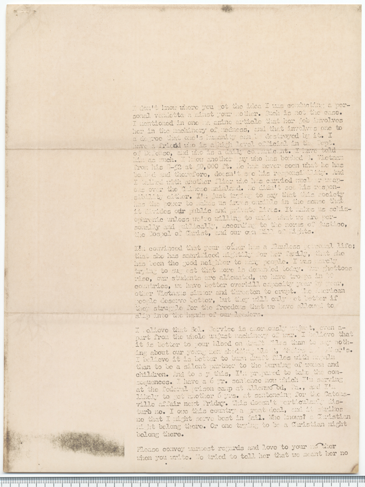 Letter from Philip Berrigan to Miss Murphy: Nov. 1, 1968