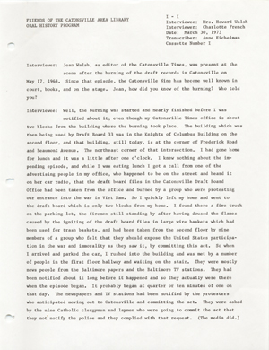 The Catonsville Nine's invasion and burning of the Catonsville draft board files: an interview with Jean S. Walsh given on March 30, 1973.