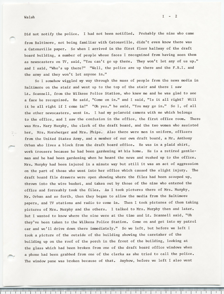 The Catonsville Nine's invasion and burning of the Catonsville draft board files: an interview with Jean S. Walsh given on March 30, 1973.