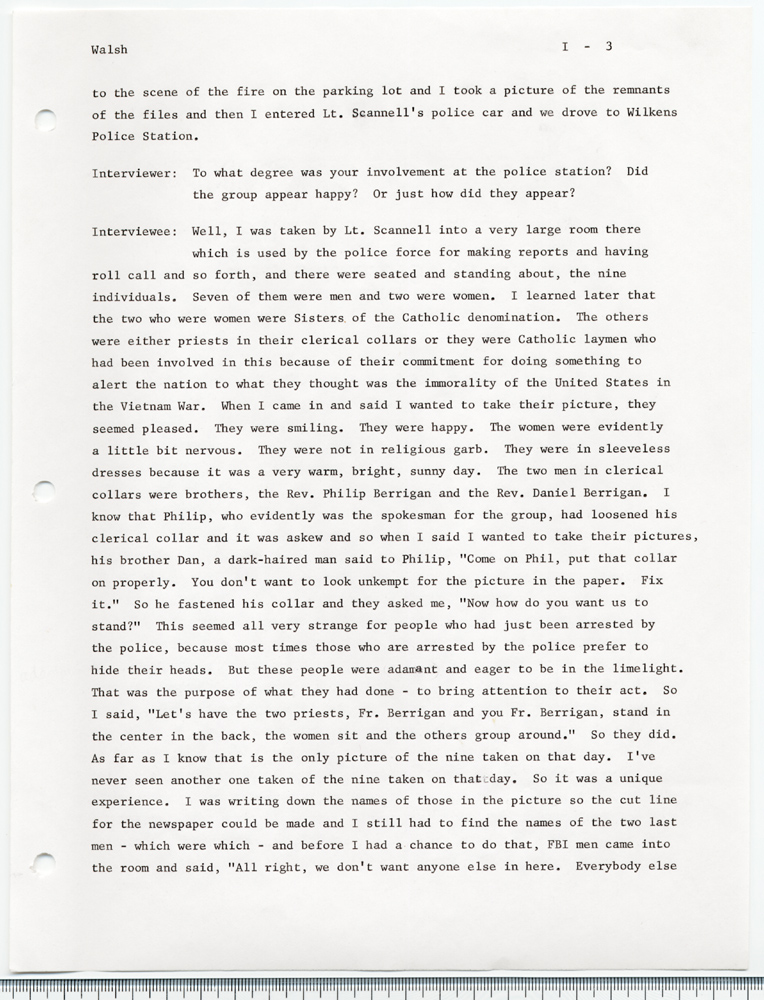 The Catonsville Nine's invasion and burning of the Catonsville draft board files: an interview with Jean S. Walsh given on March 30, 1973.