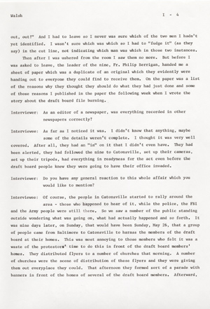 The Catonsville Nine's invasion and burning of the Catonsville draft board files: an interview with Jean S. Walsh given on March 30, 1973.