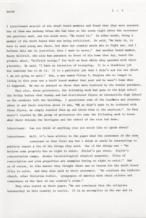 The Catonsville Nine's invasion and burning of the Catonsville draft board files: an interview with Jean S. Walsh given on March 30, 1973.