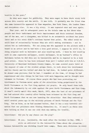 The Catonsville Nine's invasion and burning of the Catonsville draft board files: an interview with Jean S. Walsh given on March 30, 1973.