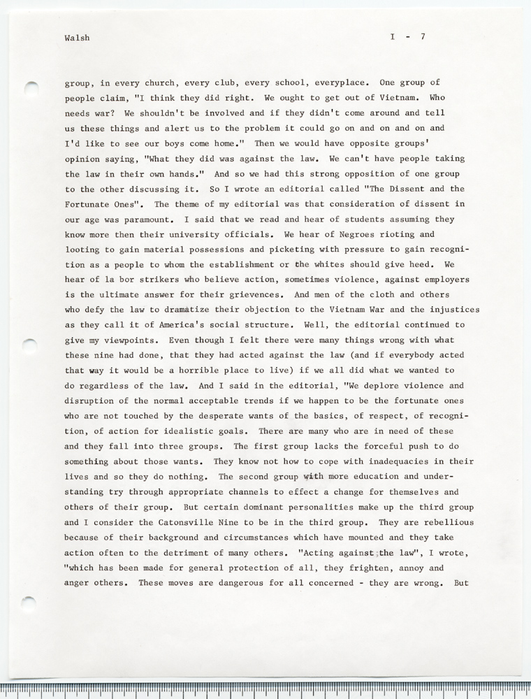 The Catonsville Nine's invasion and burning of the Catonsville draft board files: an interview with Jean S. Walsh given on March 30, 1973.