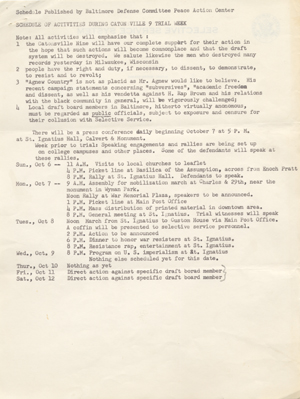 Schedule of activities during Catonsville 9 trial week: 6-12 October 1968