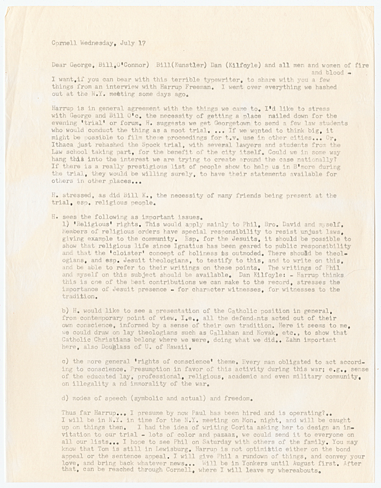 A letter from Daniel Berrigan to George, Bill O'Connor, Bill Kunstler and Dan Kilfoyle, July 17, 1968