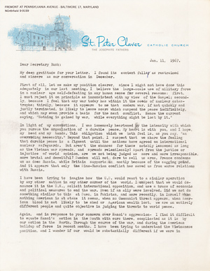Letter from Philip Berrigan to Dean Rusk, January 11, 1967