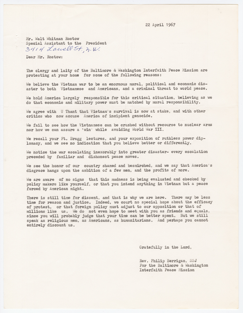 Letter from Philip Berrigan to Walt Whitman Rostow, April 22, 1967.