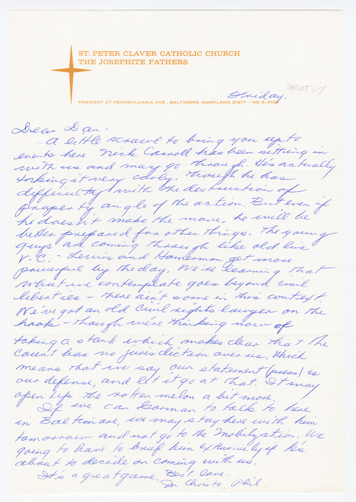 Letter from Philip Berrigan to Daniel Berrigan, Sept. - Oct. (?) 1967