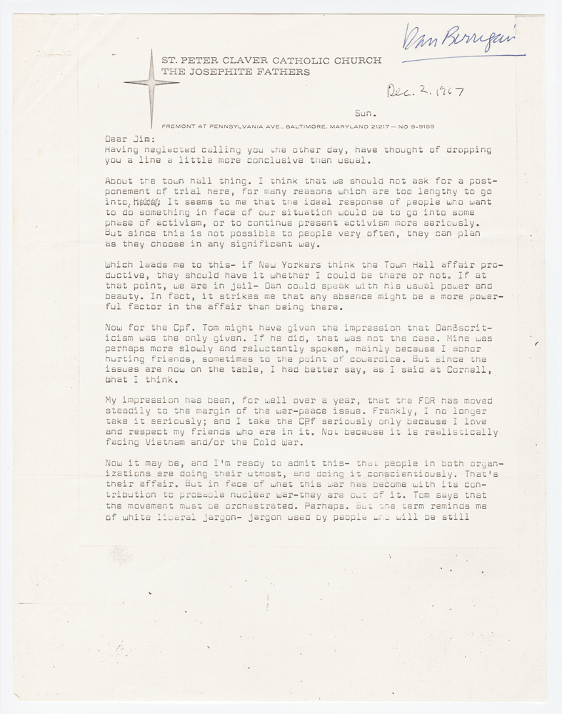 Letter from Philip Berrigan to Jim, December 2, 1967